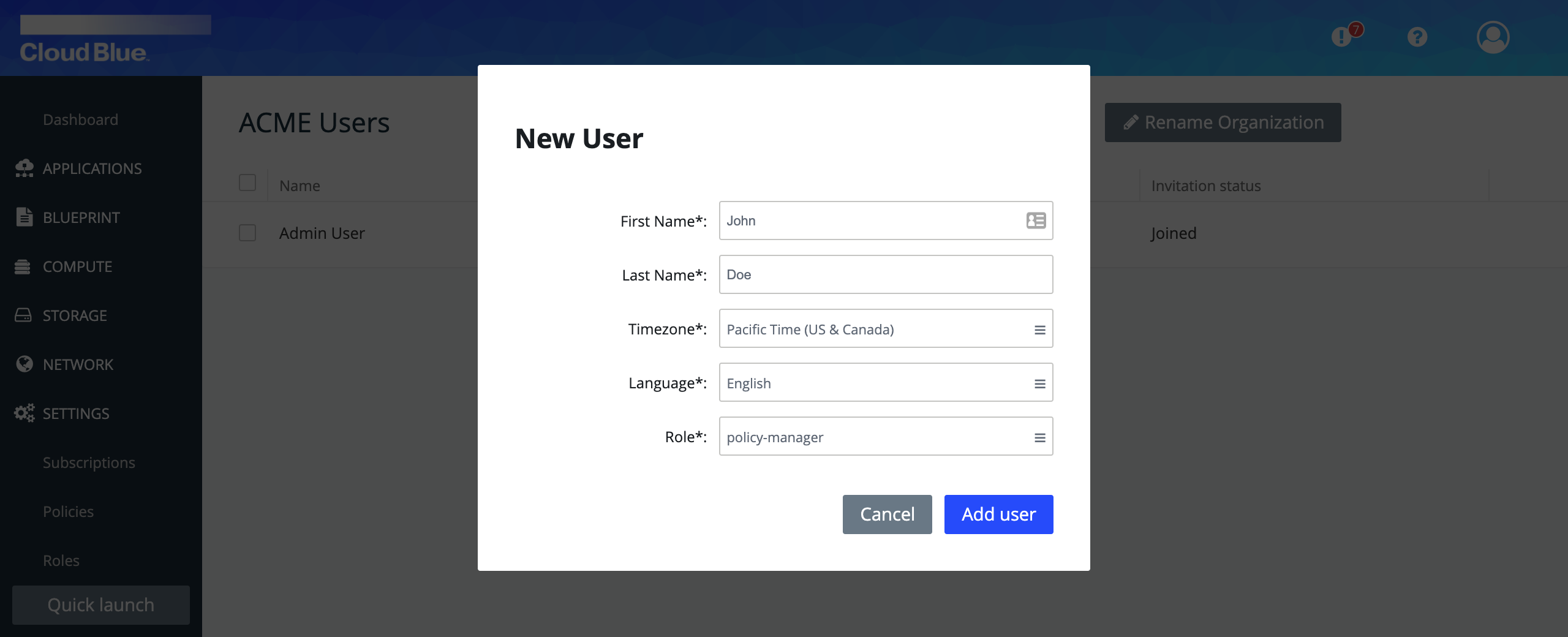 Create a new user dialog