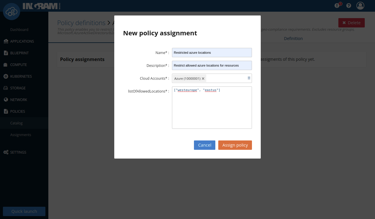 Policy assignment dialog