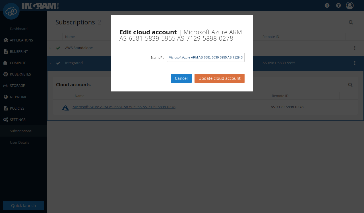 Edit popup for the subscription or cloud account